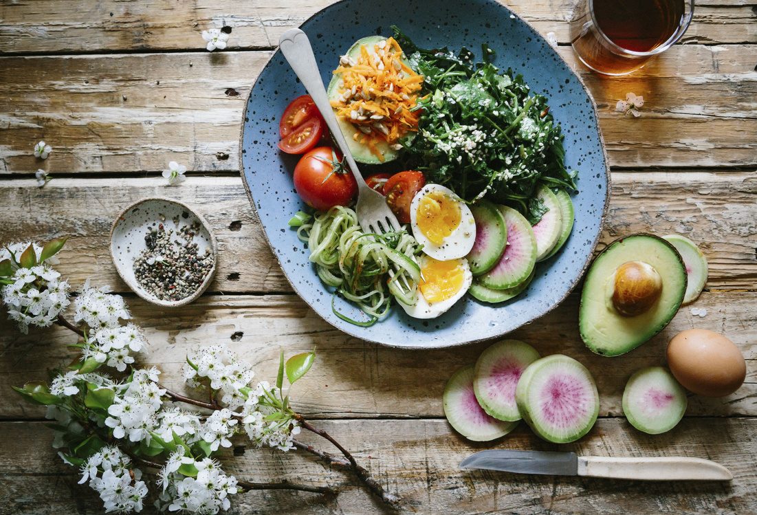 Salad bowl with eggs, tomatoes and avocado